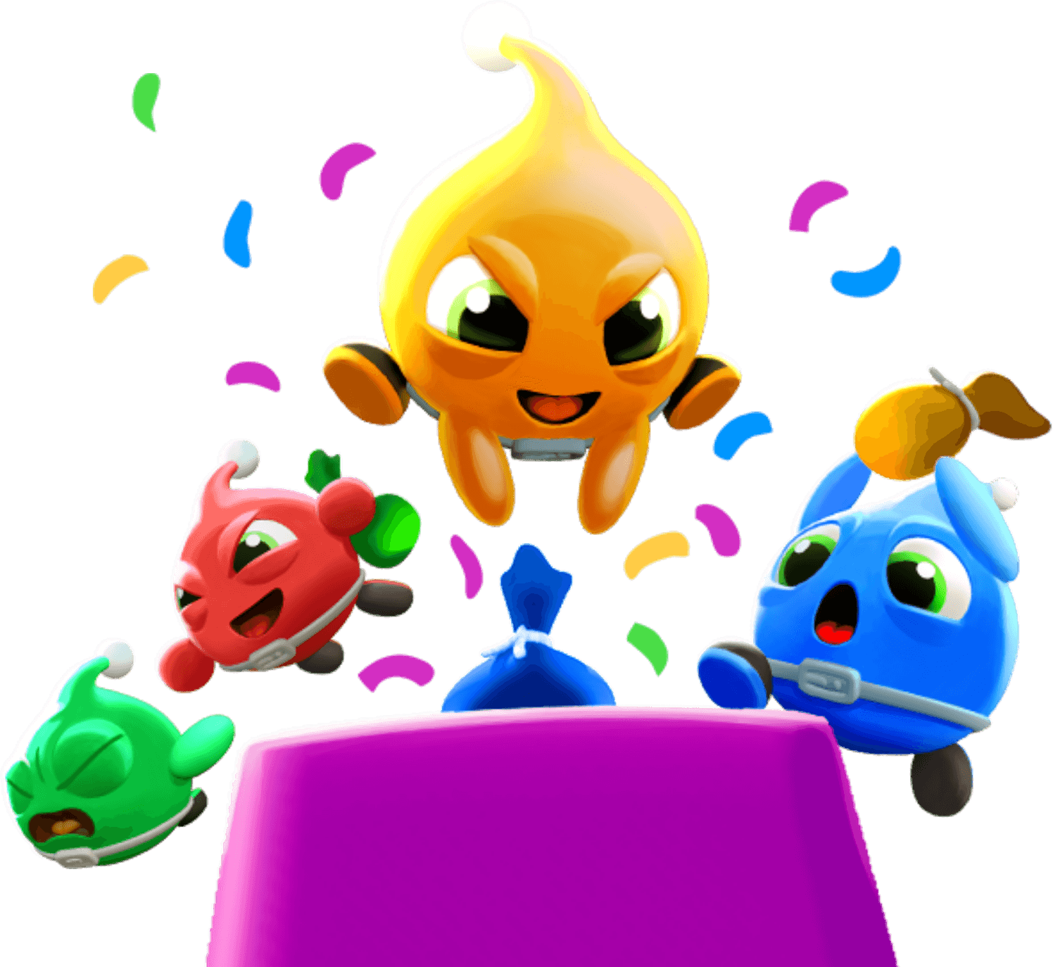 Fig & Totems key art: four colourful Figs jumping around a purple drop box